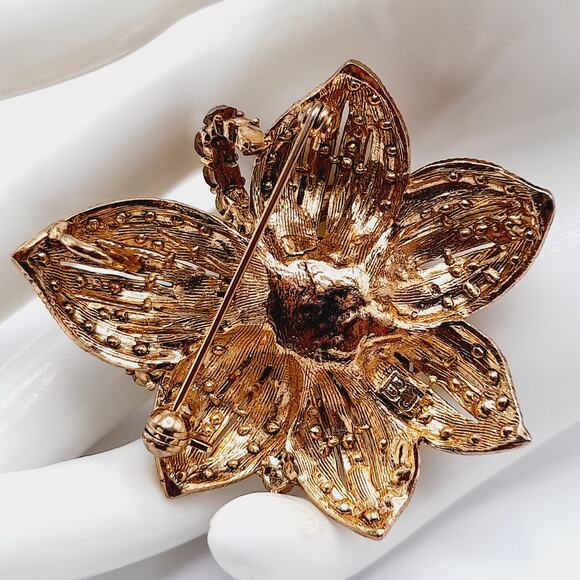 Vintage BJ Rhinestone Faux Pearl Flower Brooch or Pendant - 2 1/4 Inches - Picture 4 of 10